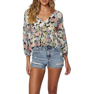ONeill Peplum Top Size Small Floral VNeck 3/4 Sleeve Black Multi Bohemian Hippie